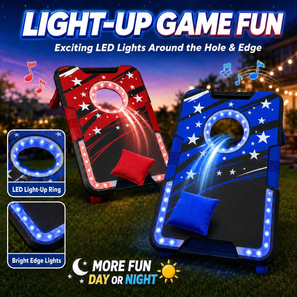 Foldable Cornhole Board Set with LED Lights, Sound Effects & Built-in Score Slider, Outdoor Bean Bag Toss Game for