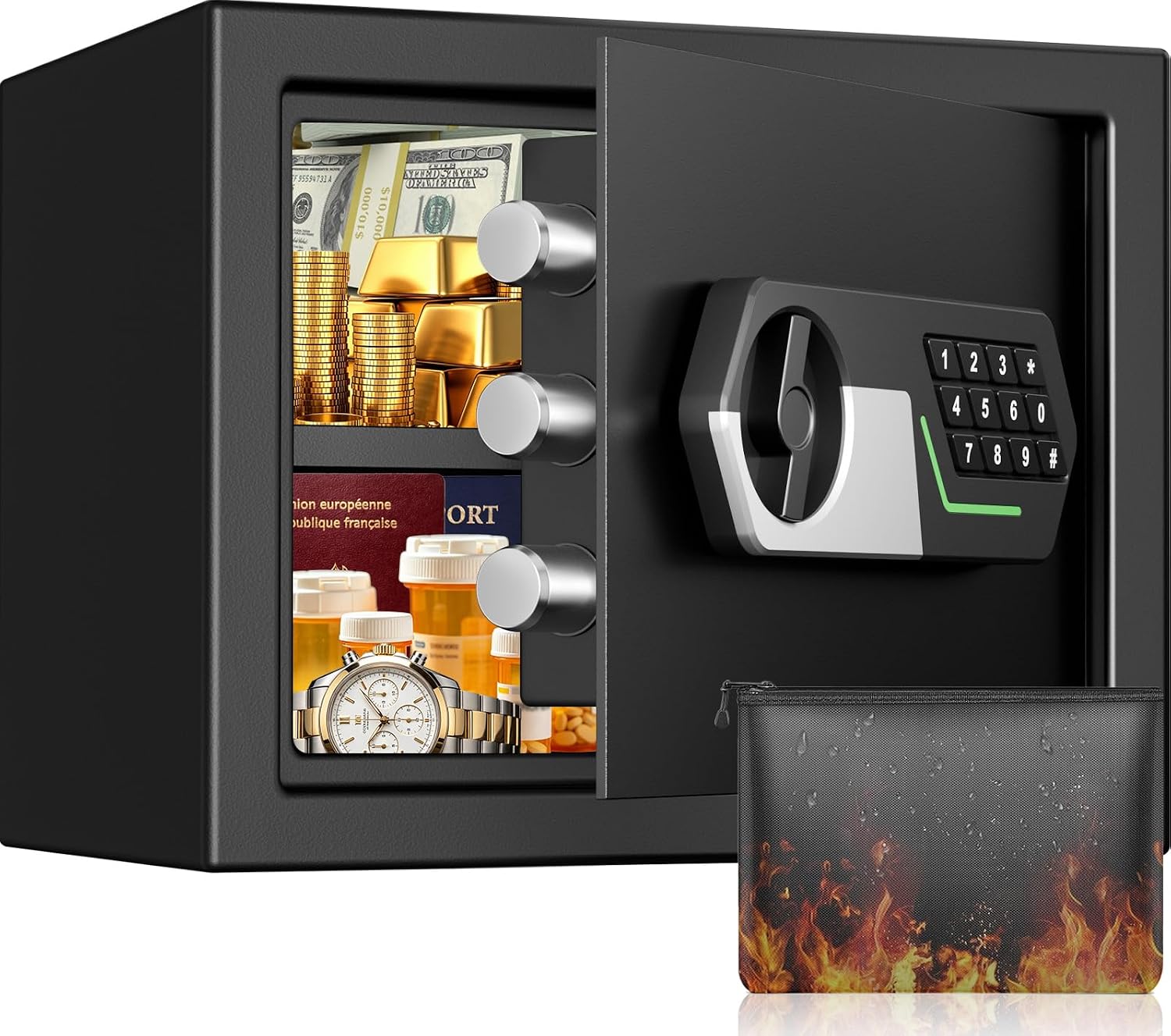 1.2 Cub Small Safe for Home Use, Digital Security Safe Box with Electronic Keypad Key, Fireproof Bag and Removable