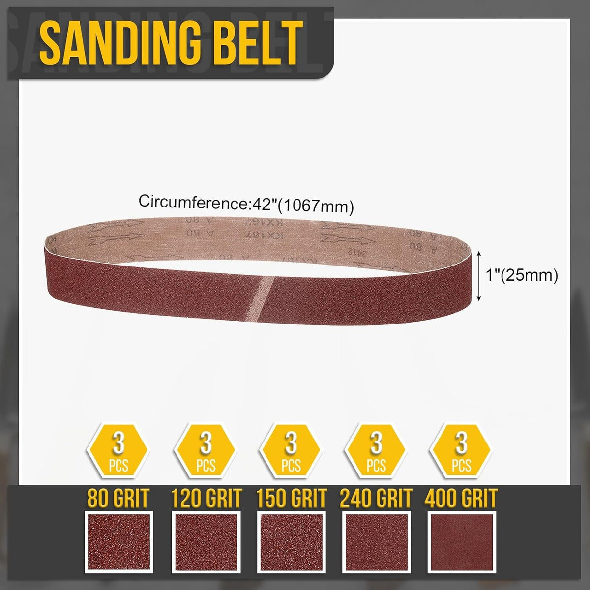 1 x 42 Inch Sanding Belts, 15 Pcs 80/120/150/240/400 Grit
