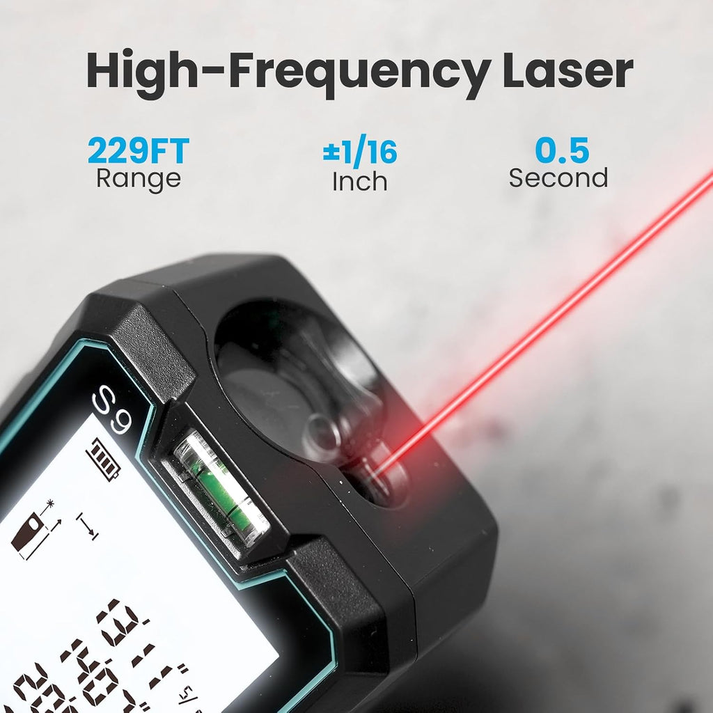 Laser Measure, 229ft/70m Laser Measurement Tool, S9 Room Laser Measuring Tool with 2 Bubble Levels, LCD Backlit