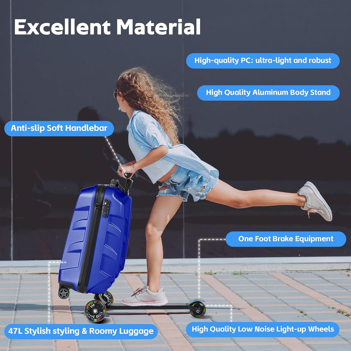 Scooter Suitcase for Kids & Adults，3-D Hardshell Ride On Scooter Luggage with Led Light Up Wheels，TSA