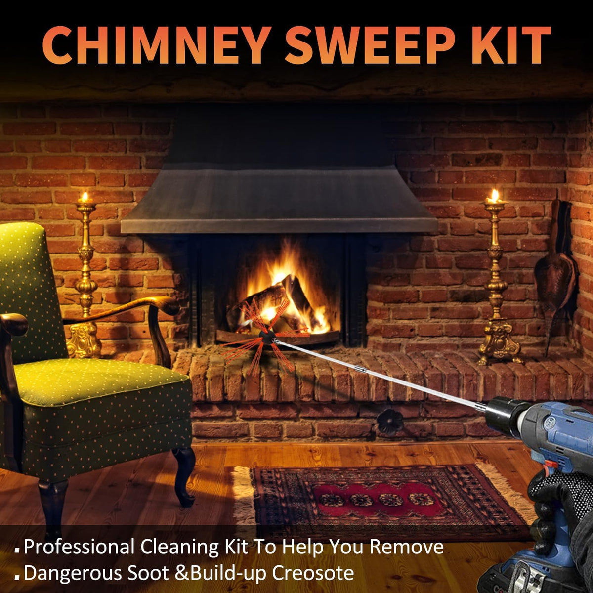 26FT Chimney Sweep Kit Rotary Cleaning Brush with 8 Flexible Rods