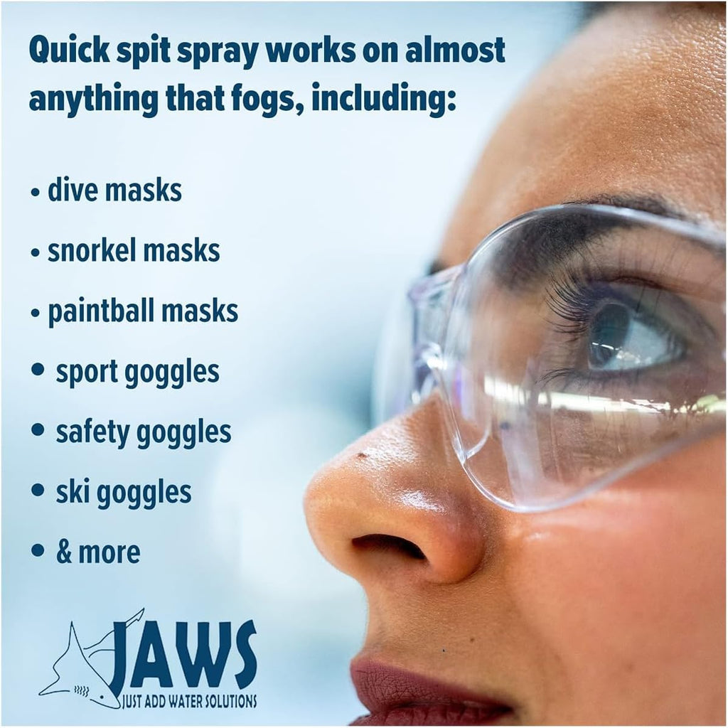 Jaws Quick Spit Anti-Fog Spray for Swim Goggles, Eye Glasses, Snorkel Mask, Scuba Divers, and Safety Eyewear, Made in