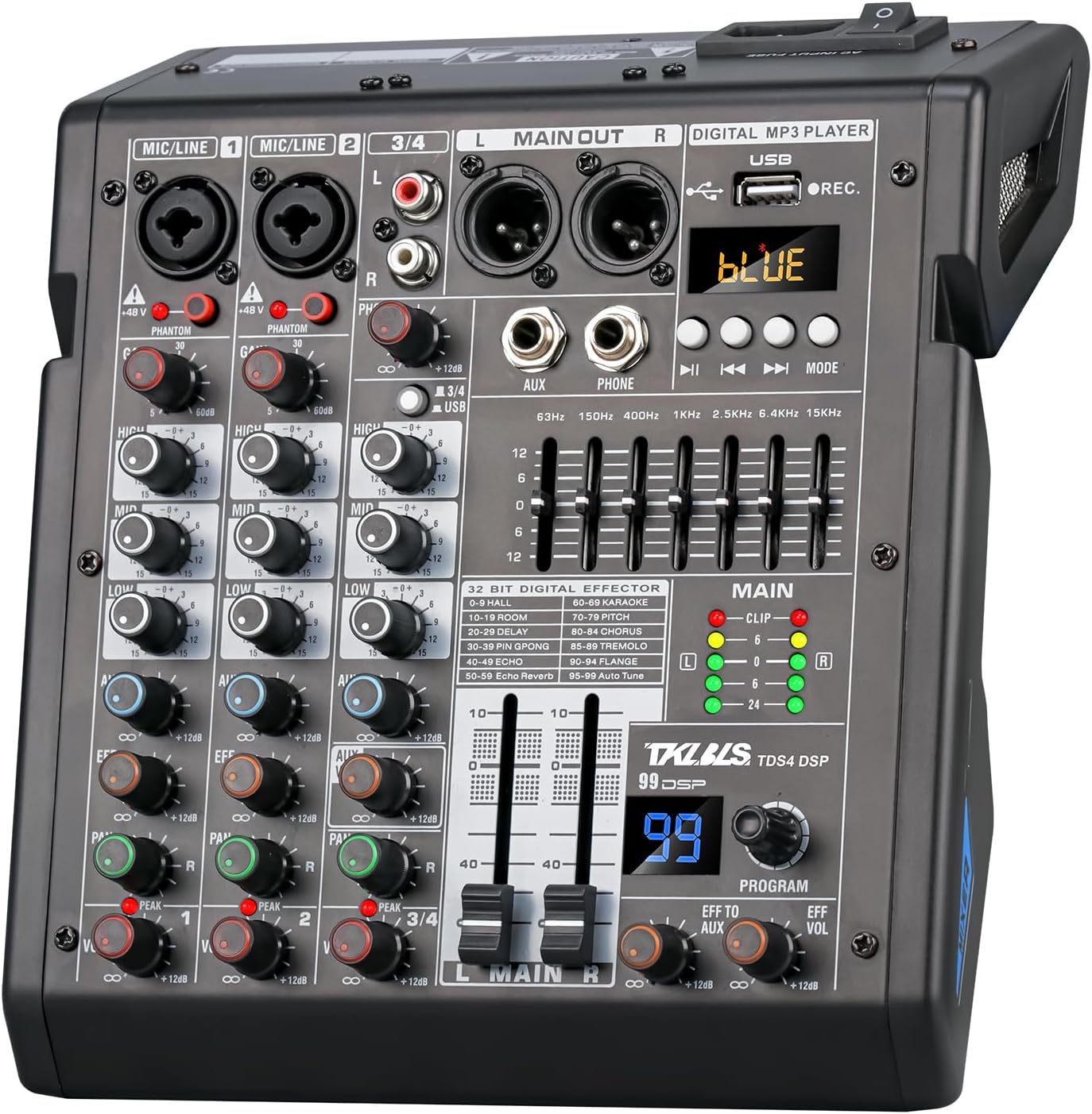 4 Channel Audio Mixer for Home Audio, Sound Mixer Board with USB Interface, 99 DSP Effects, 48V Phantom Power, XLR