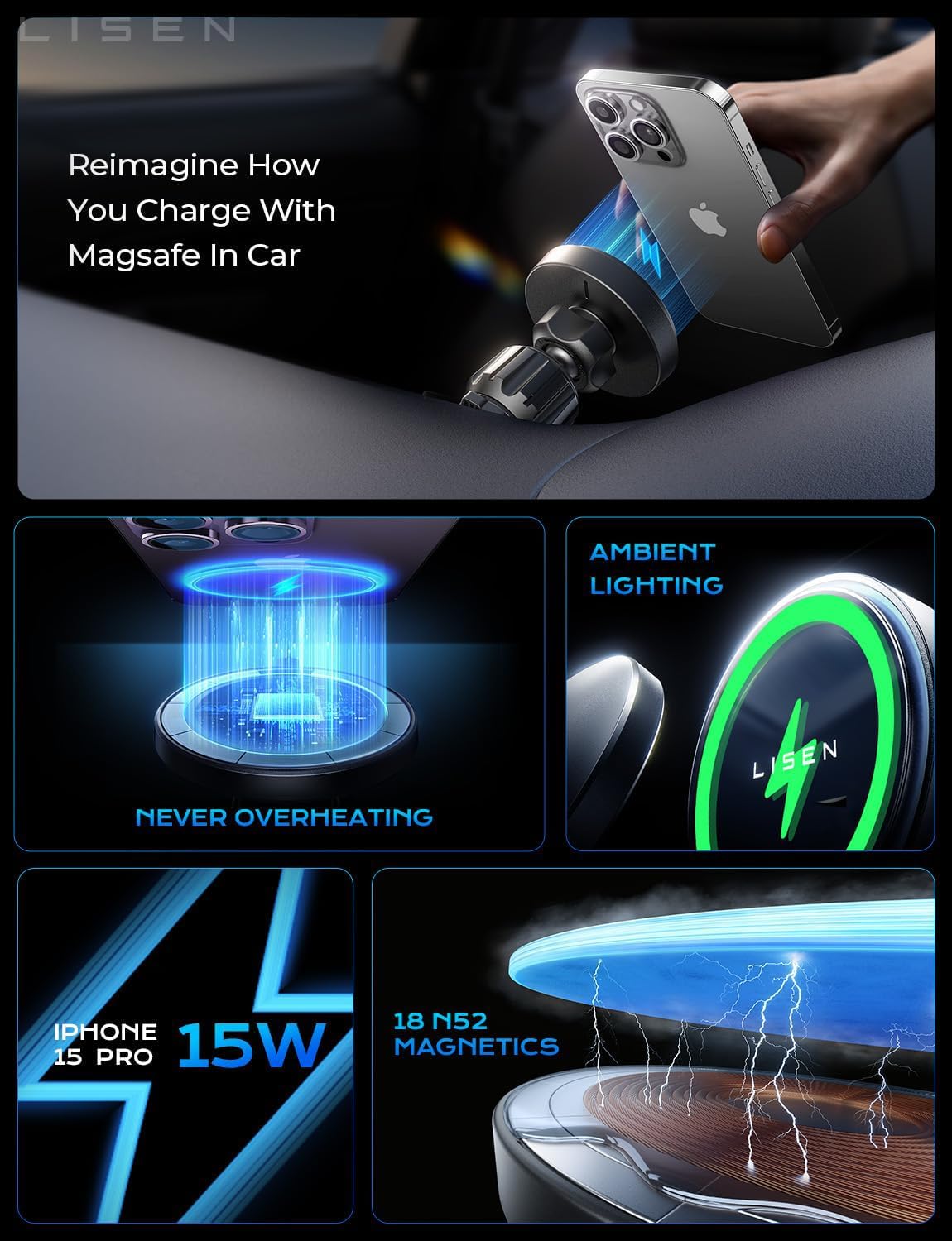 for 15W MagSafe Car Mount Charger,Magnetic Wireless Car Charger for iPhone 17 Pro Max Accessories,Magnetic Phone