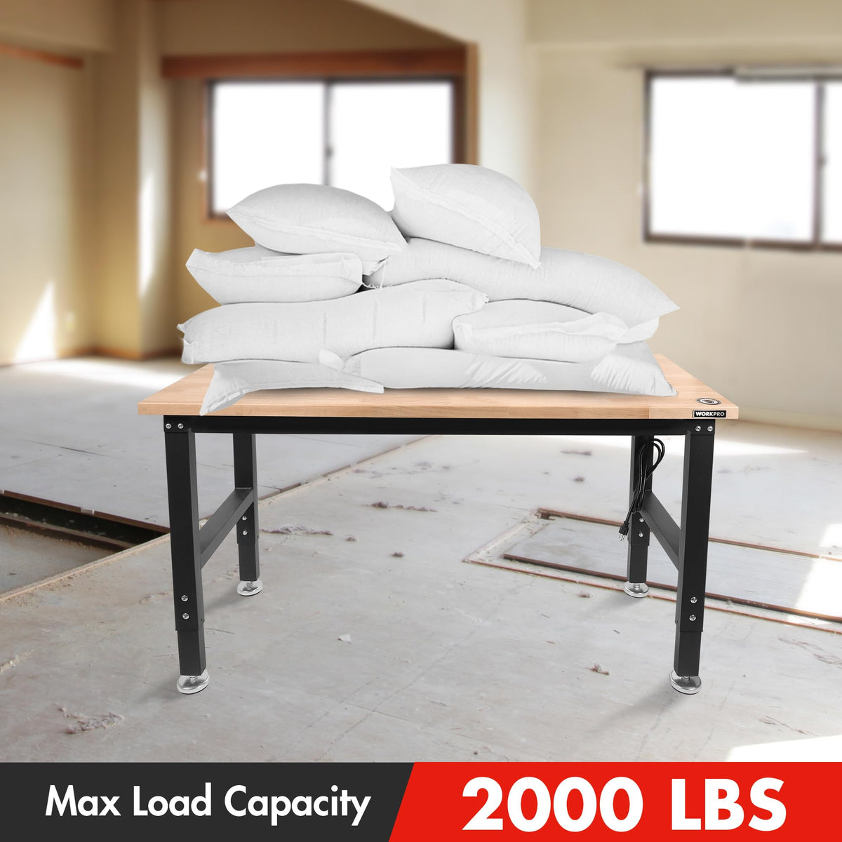 48" Adjustable Workbench, Rubber Wood Top, 2000 LBS Capacity