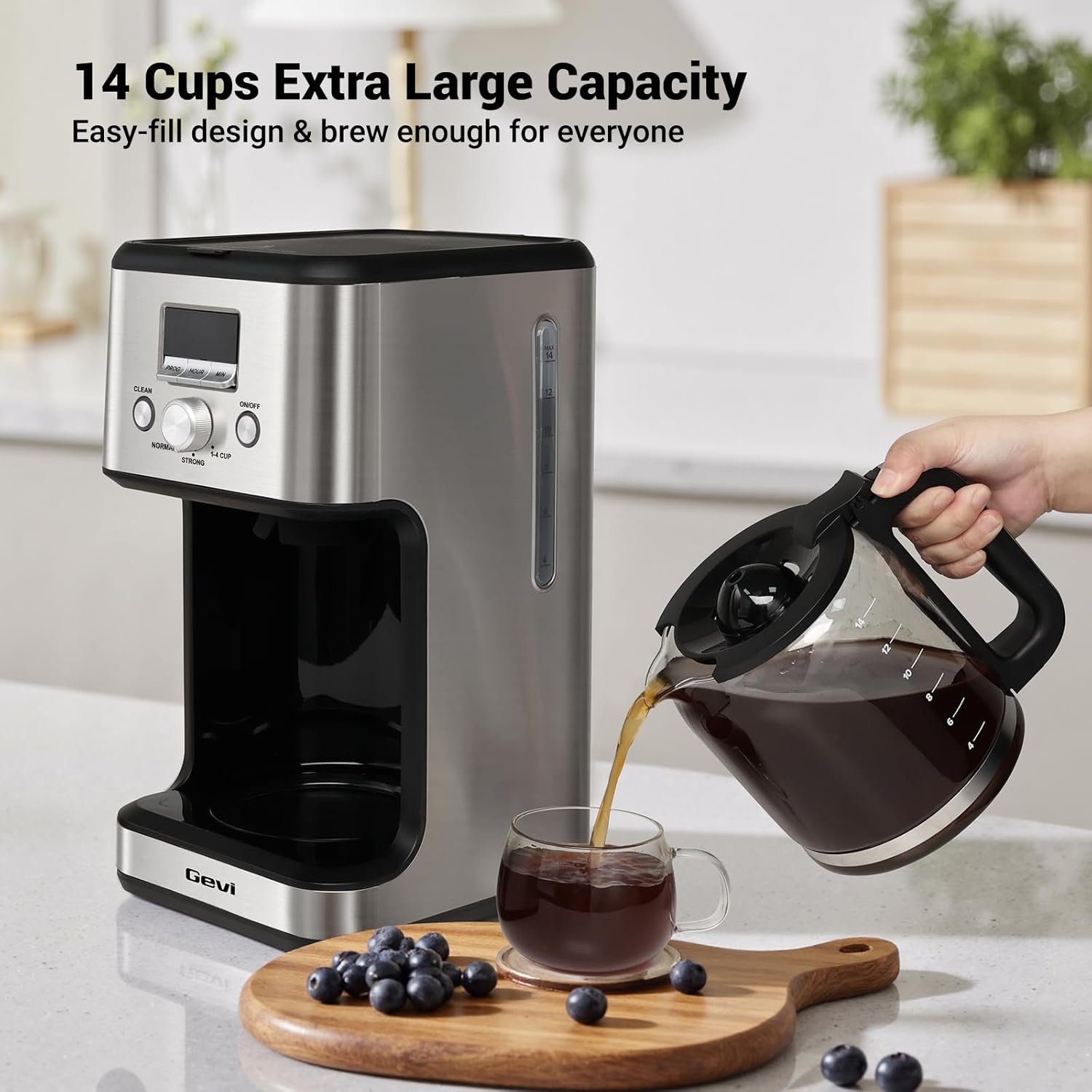 14-Cup Drip Coffee Maker, Programmable Timer, 2H Warm, Strong Brew | 14-Cup Drip Maker for Normal & Strong Brew, 2H