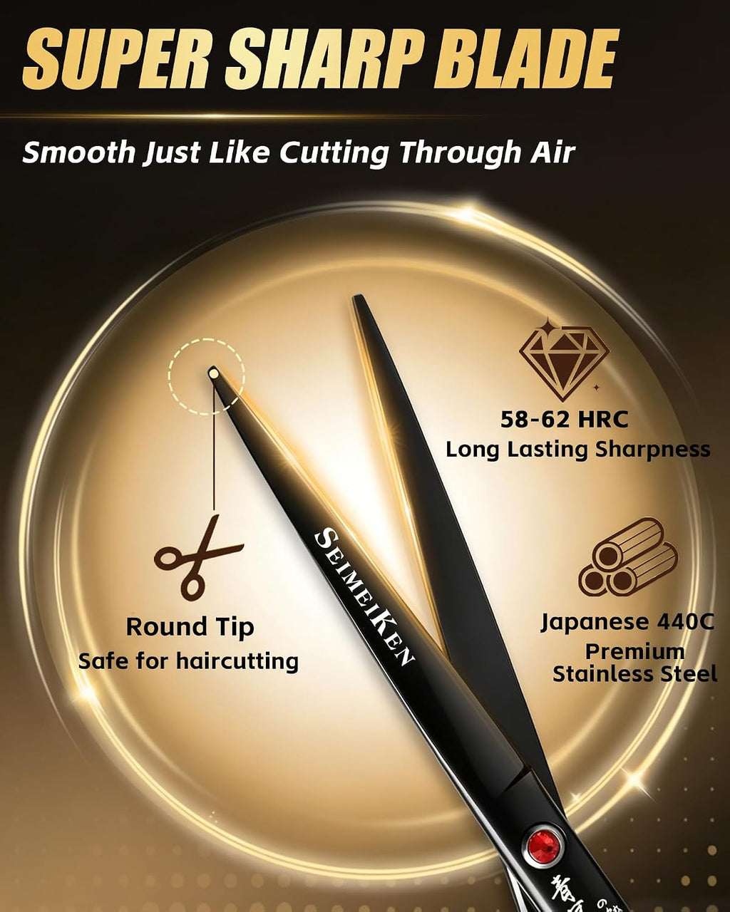 Hair Cutting Scissors Kit, 6.5" Barber Scissors Set (Black) | Professional Hair Shears, Japanese 440C Haircut