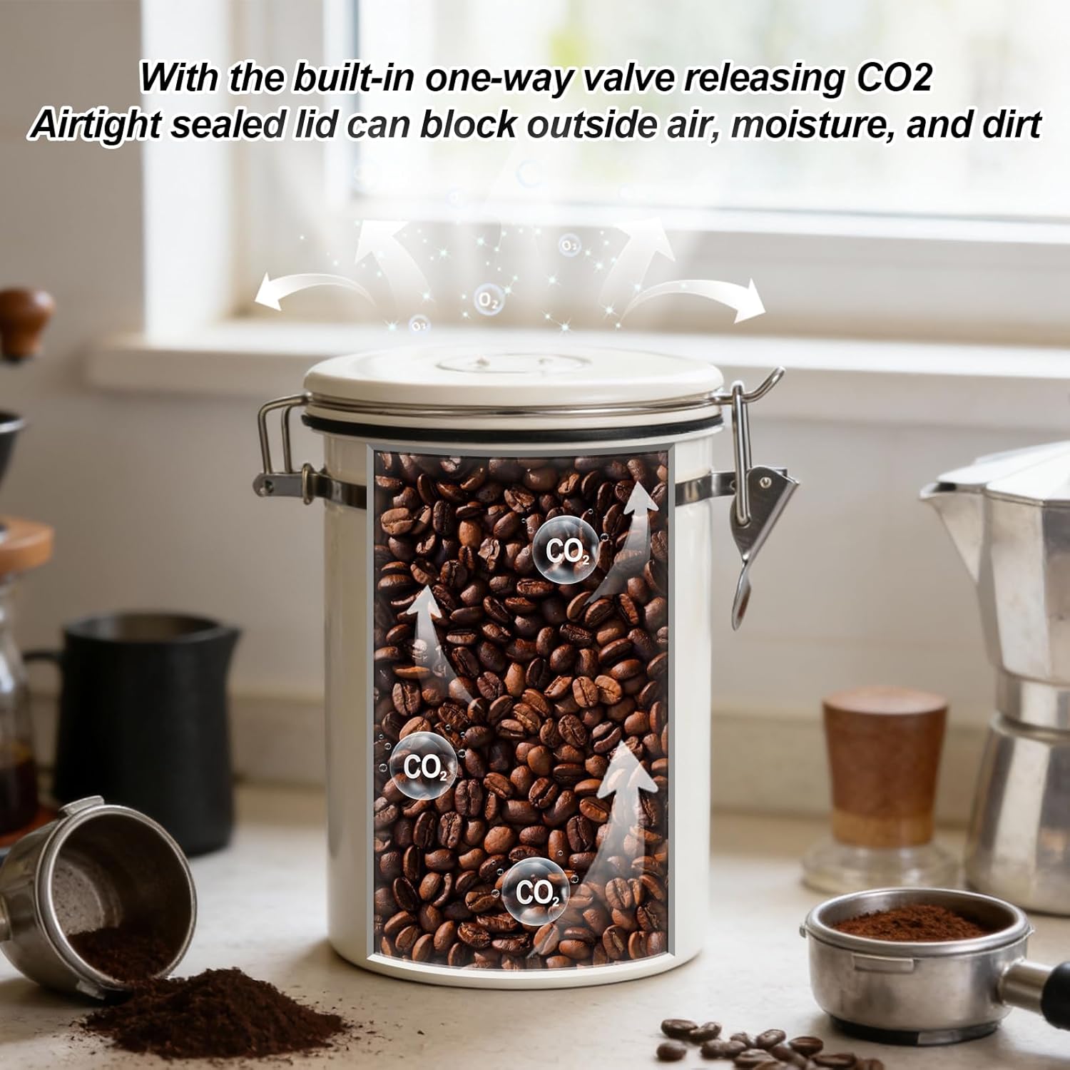 22OZ Airtight Stainless Steel Coffee Canister with Date Tracker | With Measuring Scoop, Food Grade Safe, For Coffee