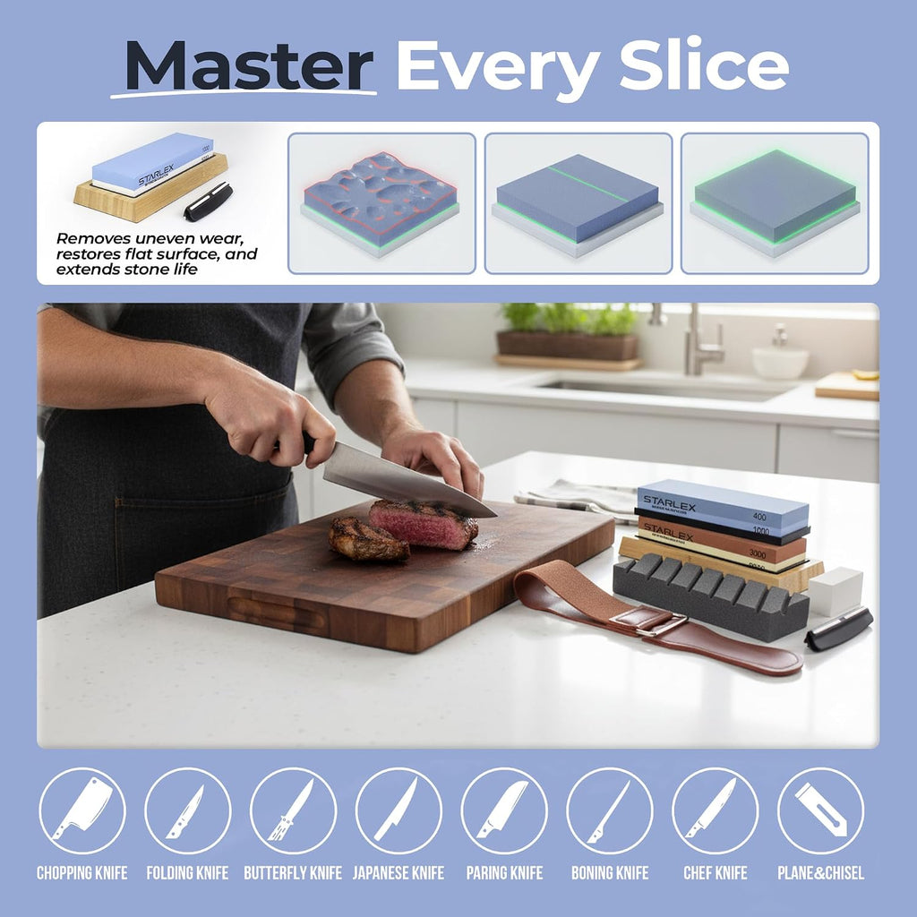 7 Piece Knife Sharpening Stone Set, Dual Grit Whetstone Kit, Angle Guide | 400/1000 & 3000/8000 grit with leather
