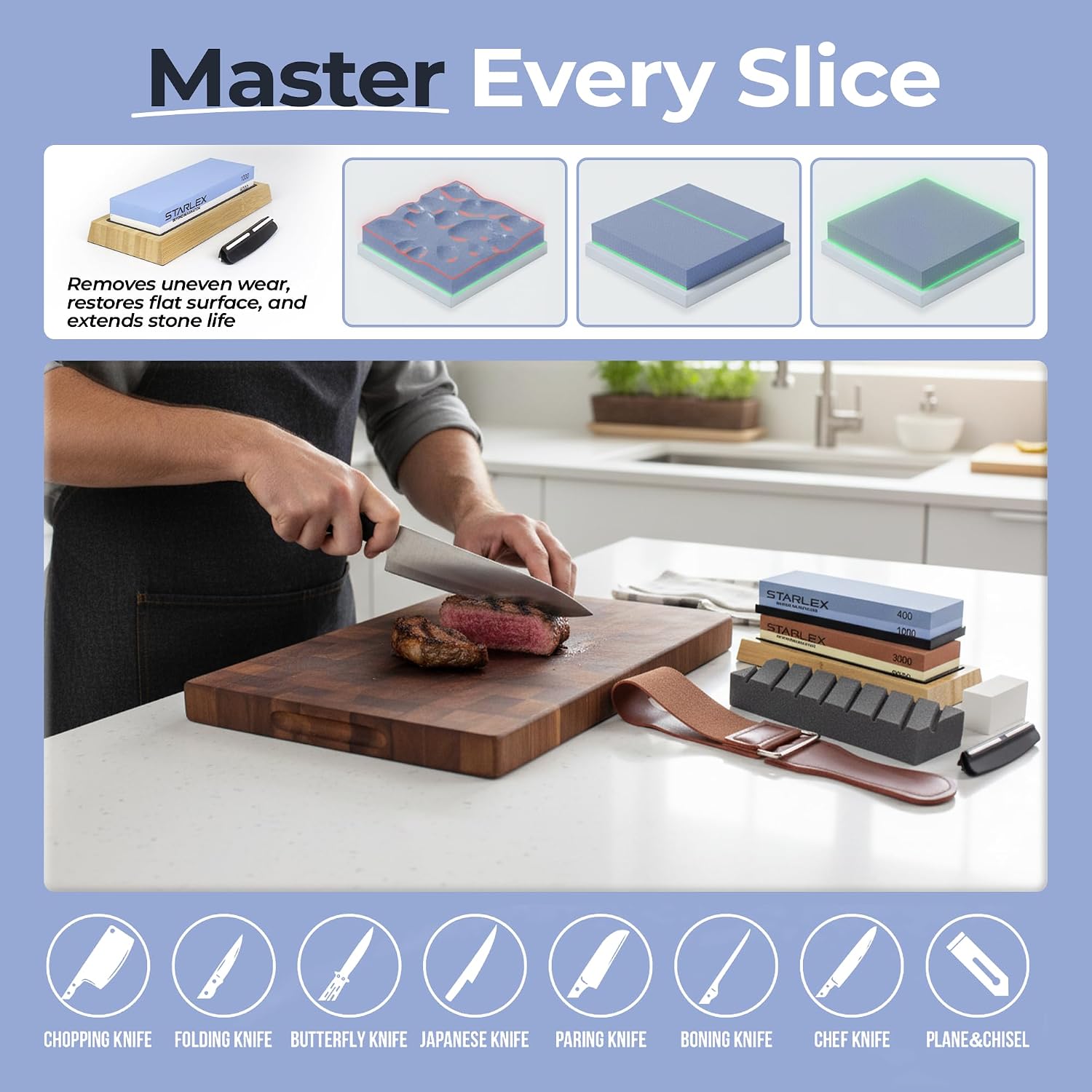 7 Piece Knife Sharpening Stone Set, Dual Grit Whetstone Kit, Angle Guide | 400/1000 & 3000/8000 grit with leather