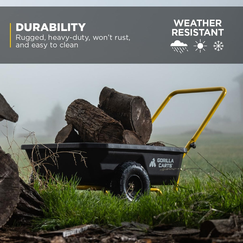 GCR-4 Poly Dump Cart, 2-Wheel Garden Wagon with Foldable Handle, 4 cu ft, 300 lb. Capacity, Black/Yellow
