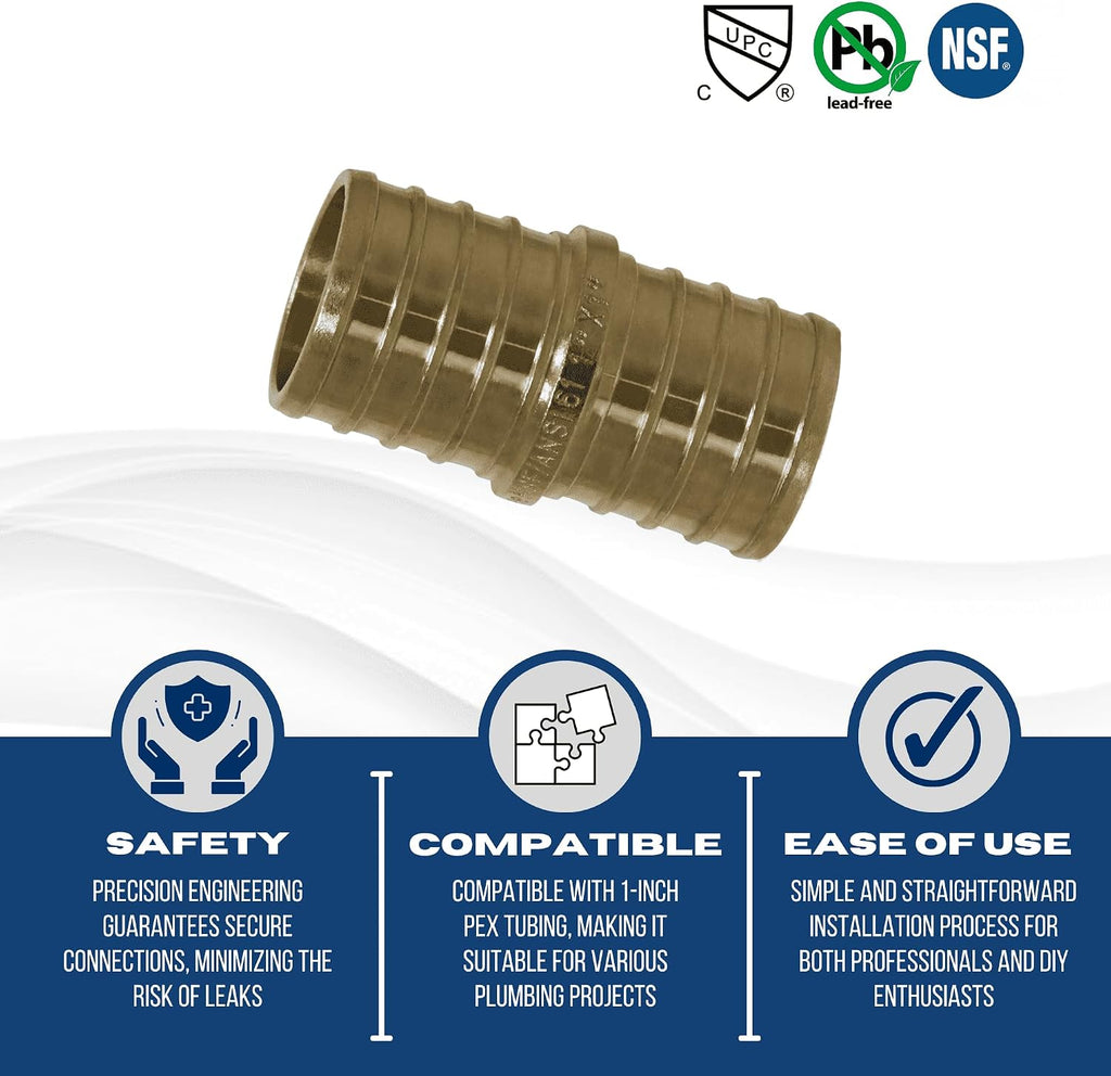 10 PIECES XFITTING 1" X 1" PEX COUPLINGS - BRASS CRIMP FITTINGS, BRASS, FULL PORT