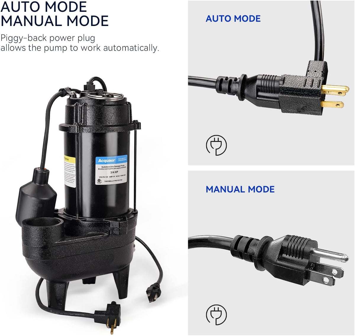 Acquaer 3/4 HP Submersible Sewage Pump 6400 GPH Cast Iron Effluent Pump