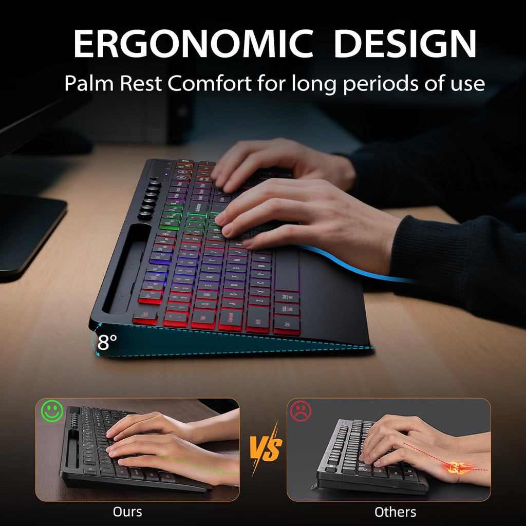 Wireless Keyboard and Mouse Combo, RGB Backlit, Ergonomic Wrist Rest | Phone Holder, Full Size, 2.4GHz, 3 Level DPI