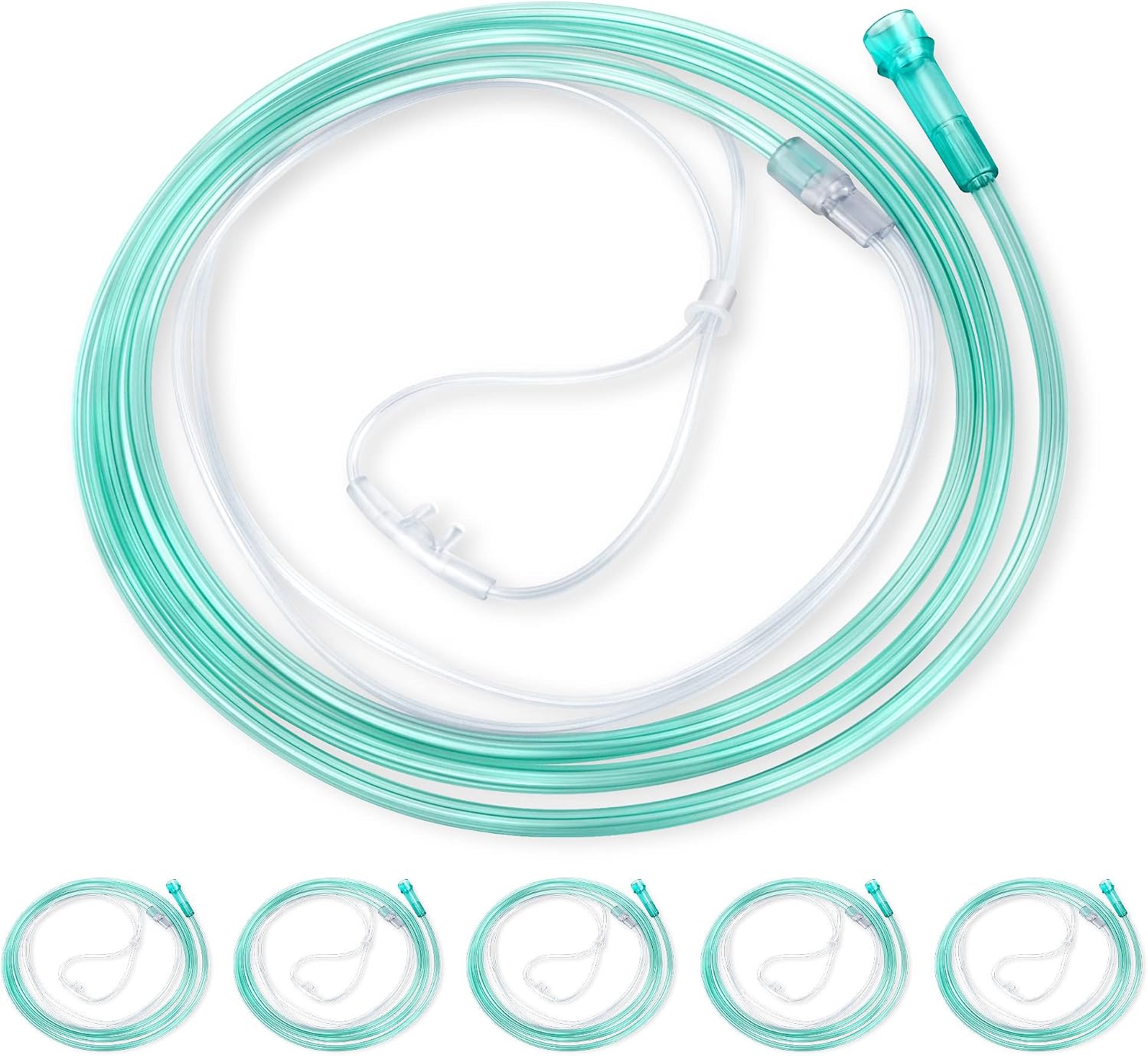 Oxygen Nasal Cannula for Adult - 7 ft Soft Tubing, 5 Pack, Green