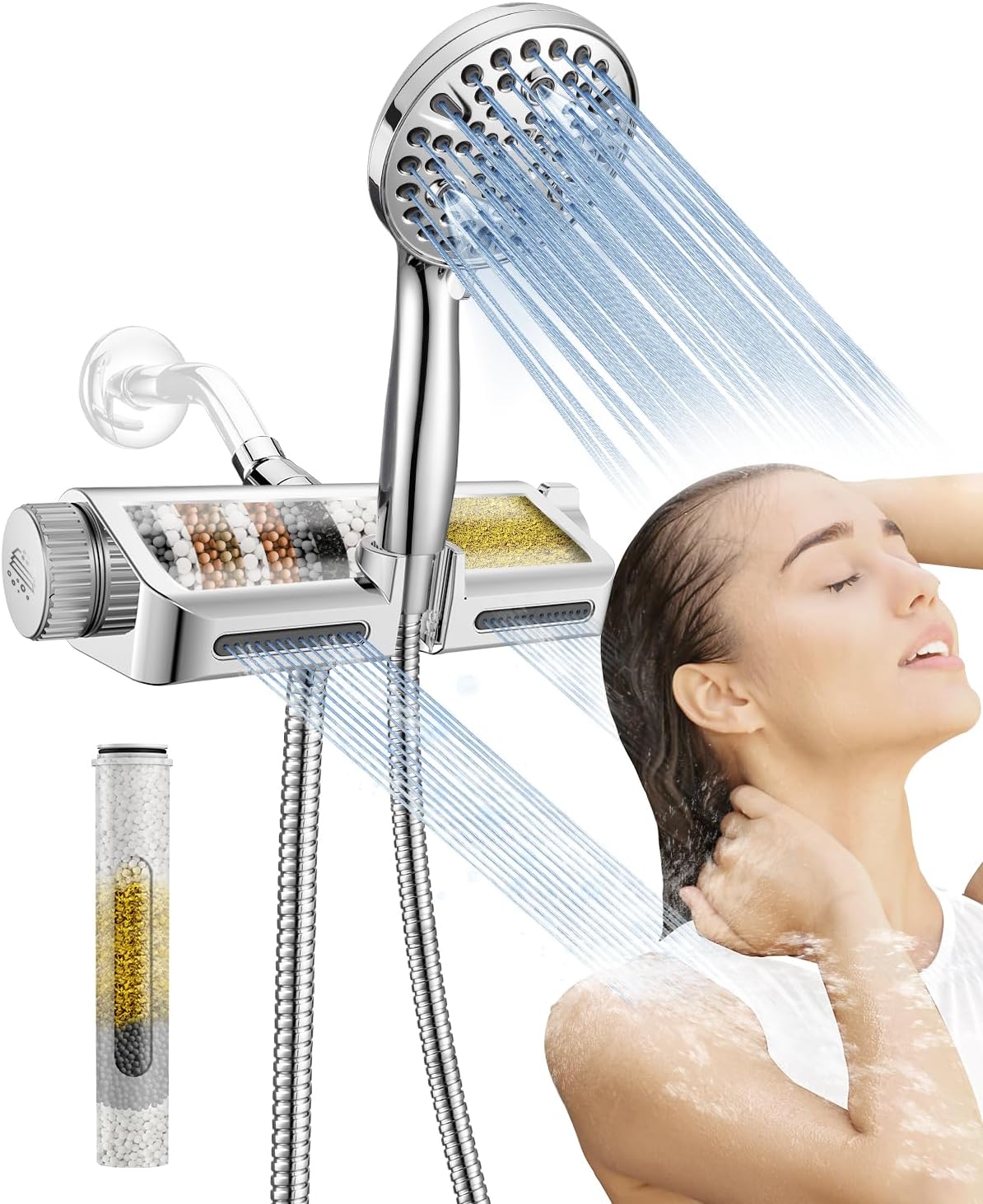 Filtered Shower Head with Handheld Combo - Dual 2-in-1 Spa System with Massage Shower and 10 Modes Hand Held Shower