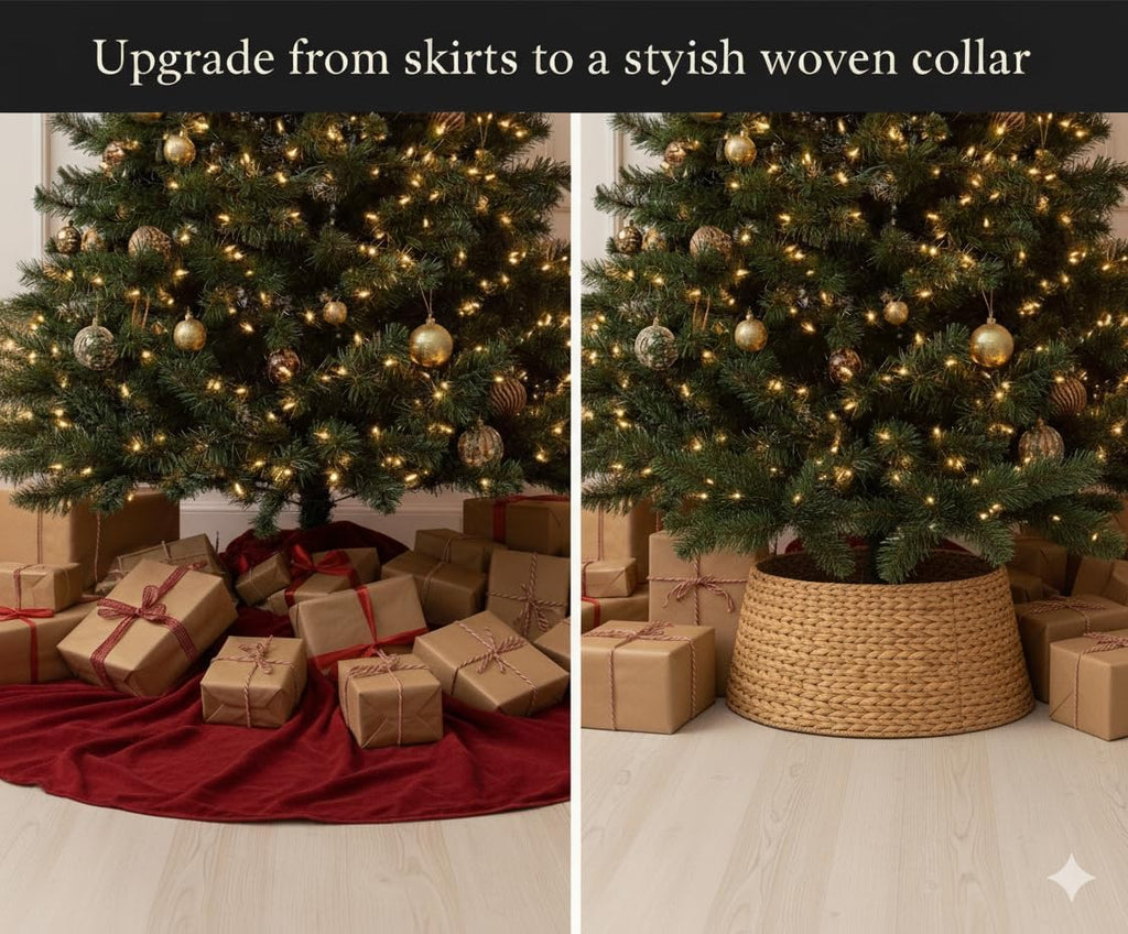 Hyacinth Christmas Tree Collar 27" - Natural Hand-Woven Basket Base Cover - Warm and Cozy Rustic Farmhouse Decoration