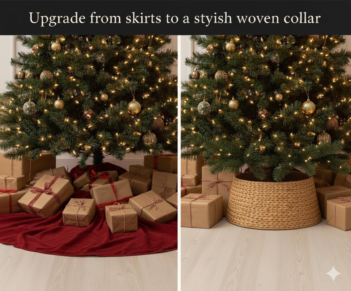Hyacinth Christmas Tree Collar 27" - Natural Hand-Woven Basket Base Cover - Warm and Cozy Rustic Farmhouse Decoration