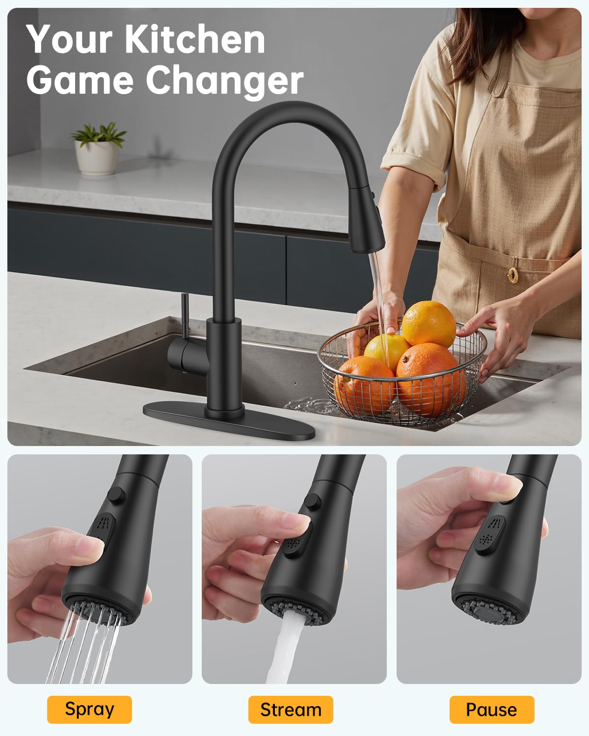 Kitchen Faucet, Pull Down Sprayer, Deck Plate, Matte Black