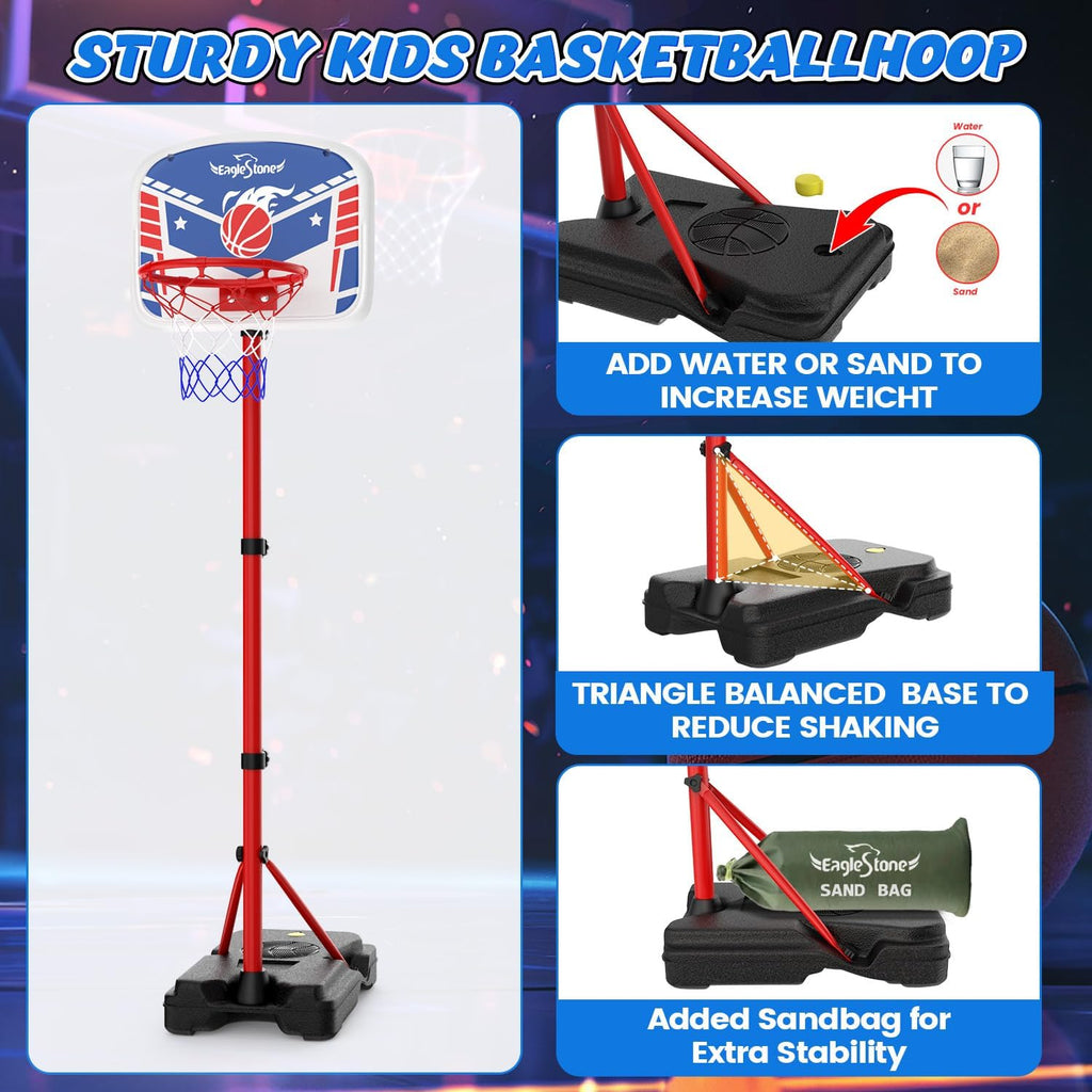 Kids Adjustable Height Basketball Hoop with Stand Indoor Outdoor | 3 Balls,Extra Sandbag for Stability,Backyard