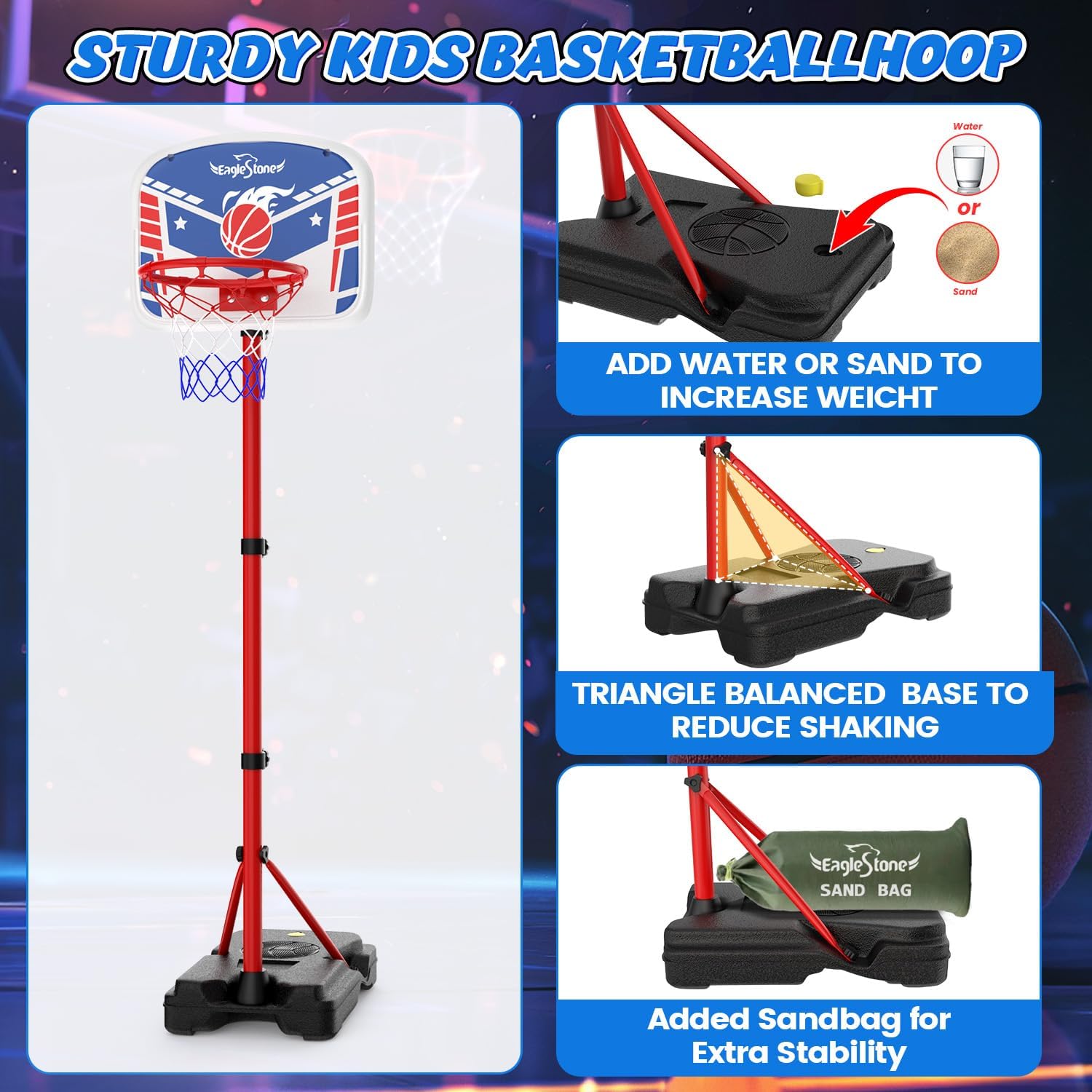 Kids Adjustable Height Basketball Hoop with Stand Indoor Outdoor | 3 Balls,Extra Sandbag for Stability,Backyard