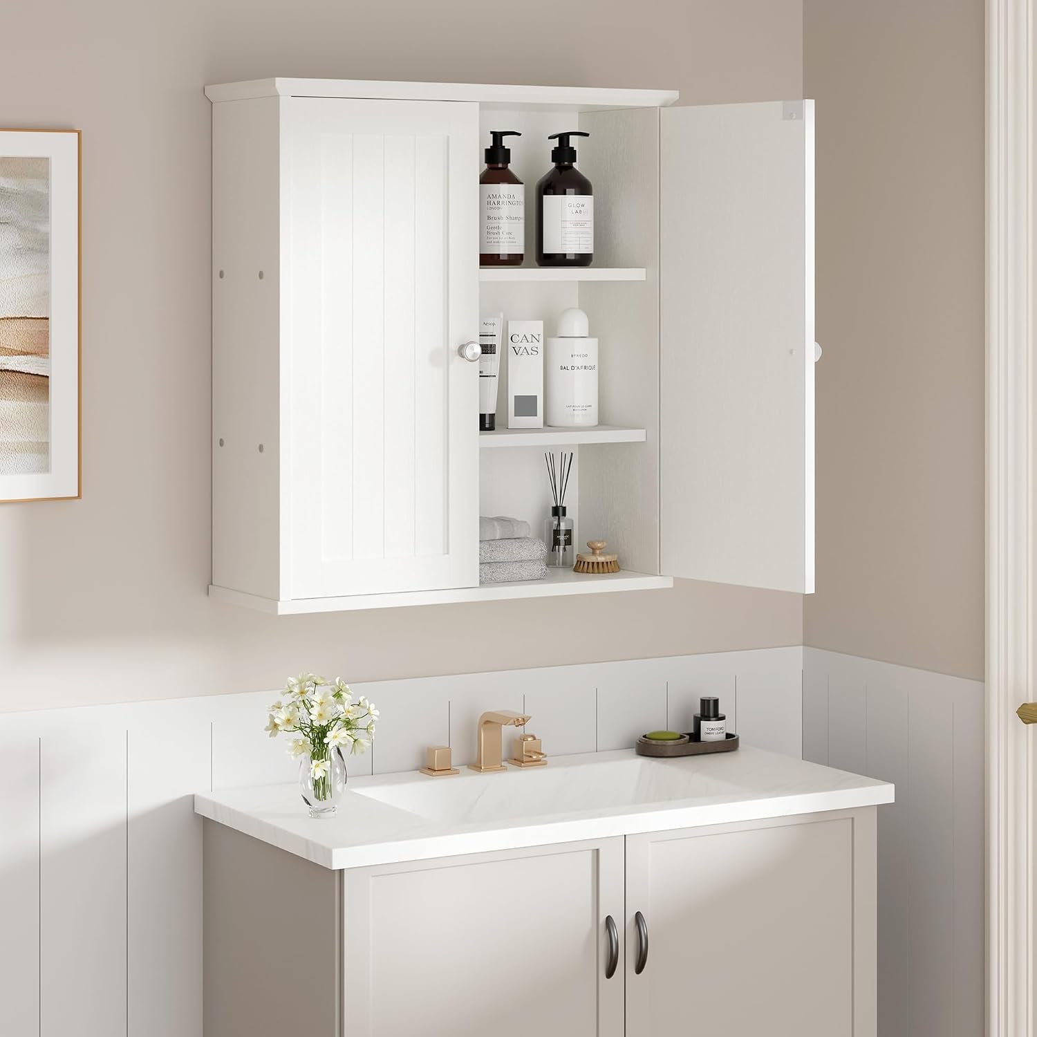 Bathroom Wall Medicine Cabinet, Over The Toilet Storage, White | Bathroom Storage Organizer Cupboard, with 2 Magnet