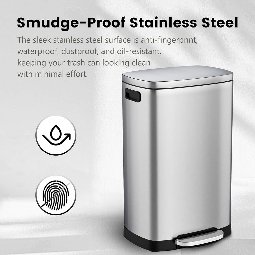 Kitchen Trash Can with Lid Soft Close,13 Gallon / 50L Stainless Steel Pedal Garbage Can, Heavy-Duty Fingerprint Proof