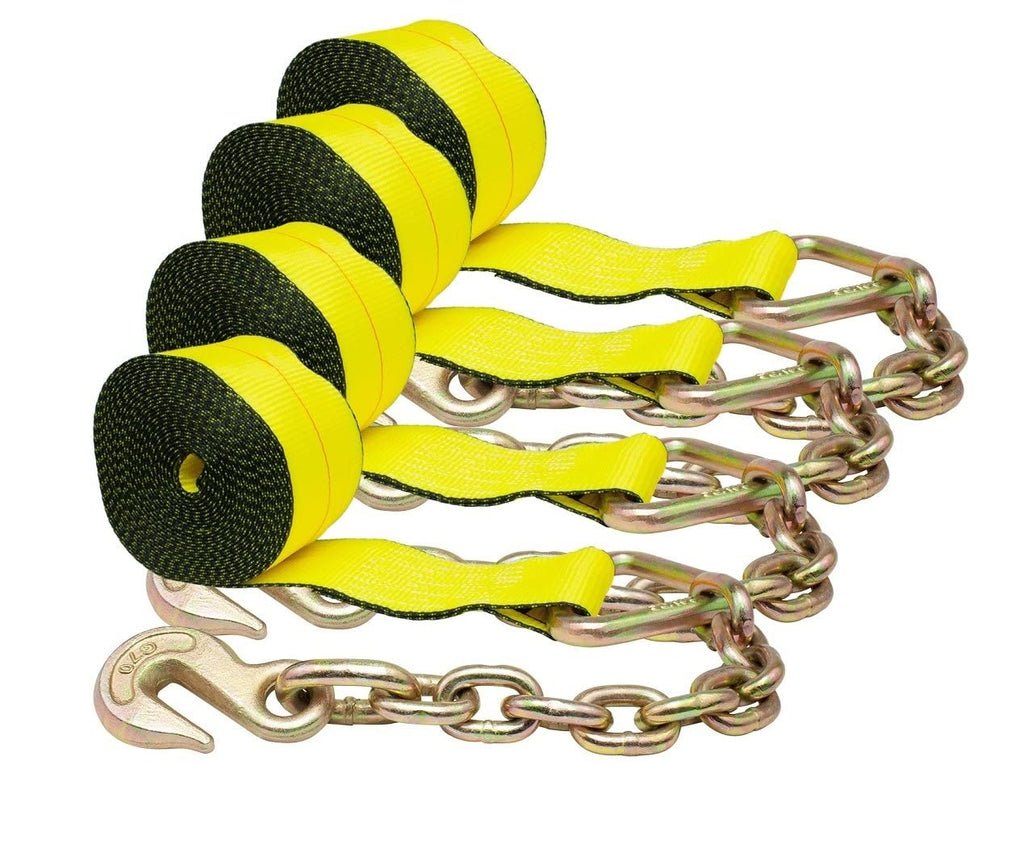 4 Pack 4" x 30' Winch Straps w/Chain, WLL 5400 Flatbed Tie Down Strap