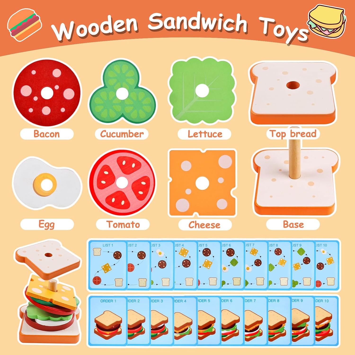 Wooden Sandwich Stacking Toys, Montessori Toys for Toddlers Kitchen Play Food Educational Preschool Learning Toys