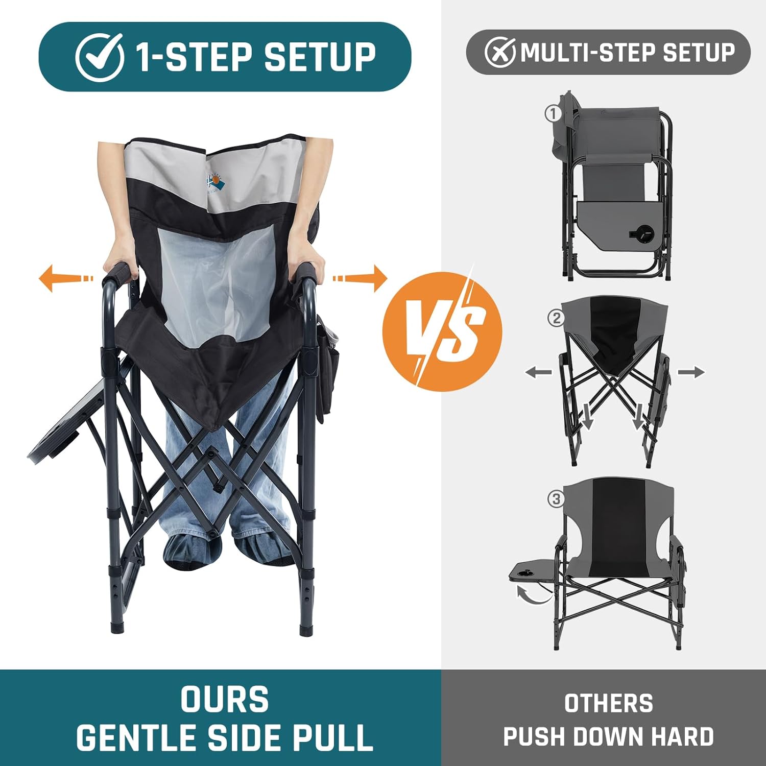 Camping Chairs for Adults Directors Chair with Side Table, 1-Step Setup, Mesh Backrest Folding Lawn Chairs with