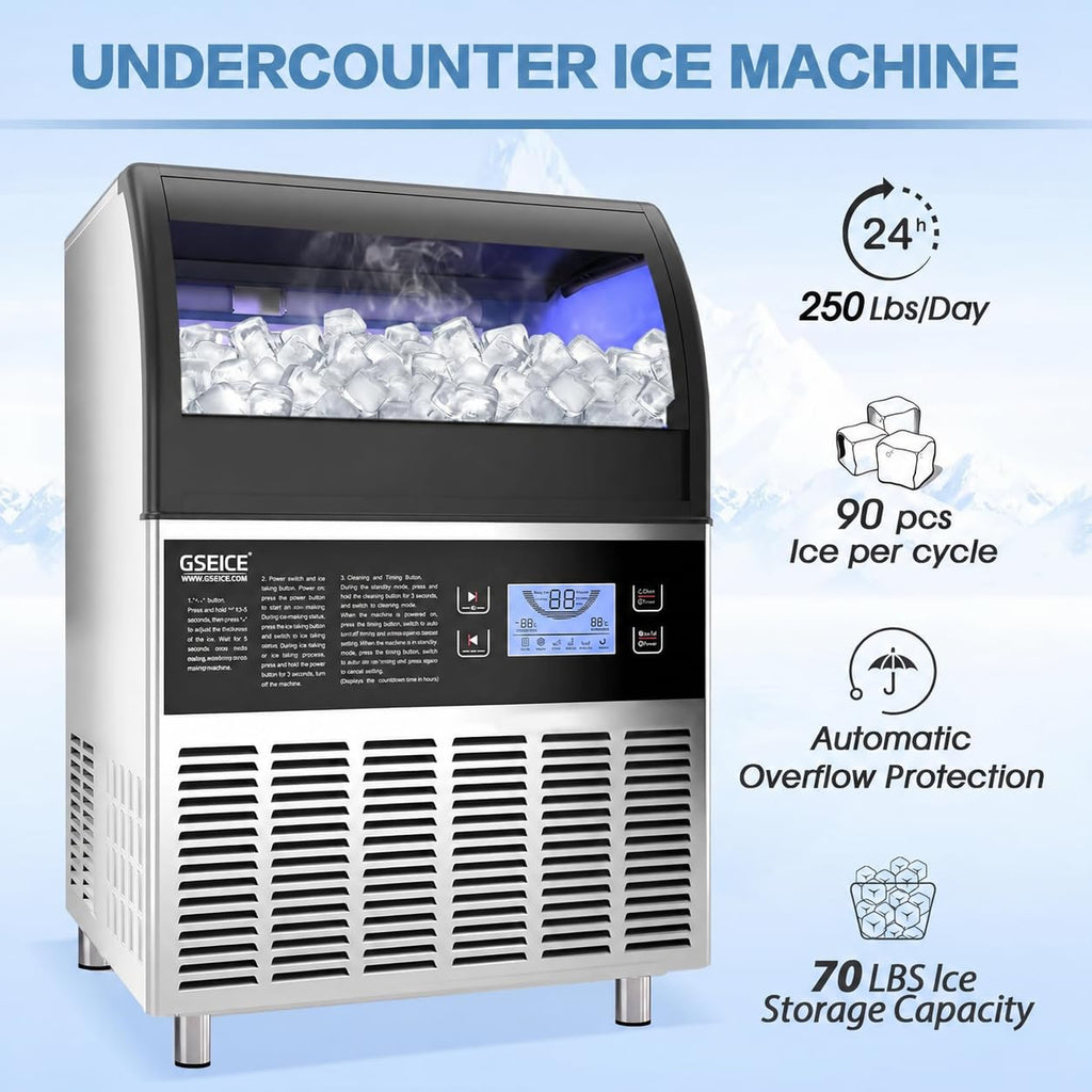 Commercial Ice Maker Machine (250lbs/24H with 70lbs Ice Storage)