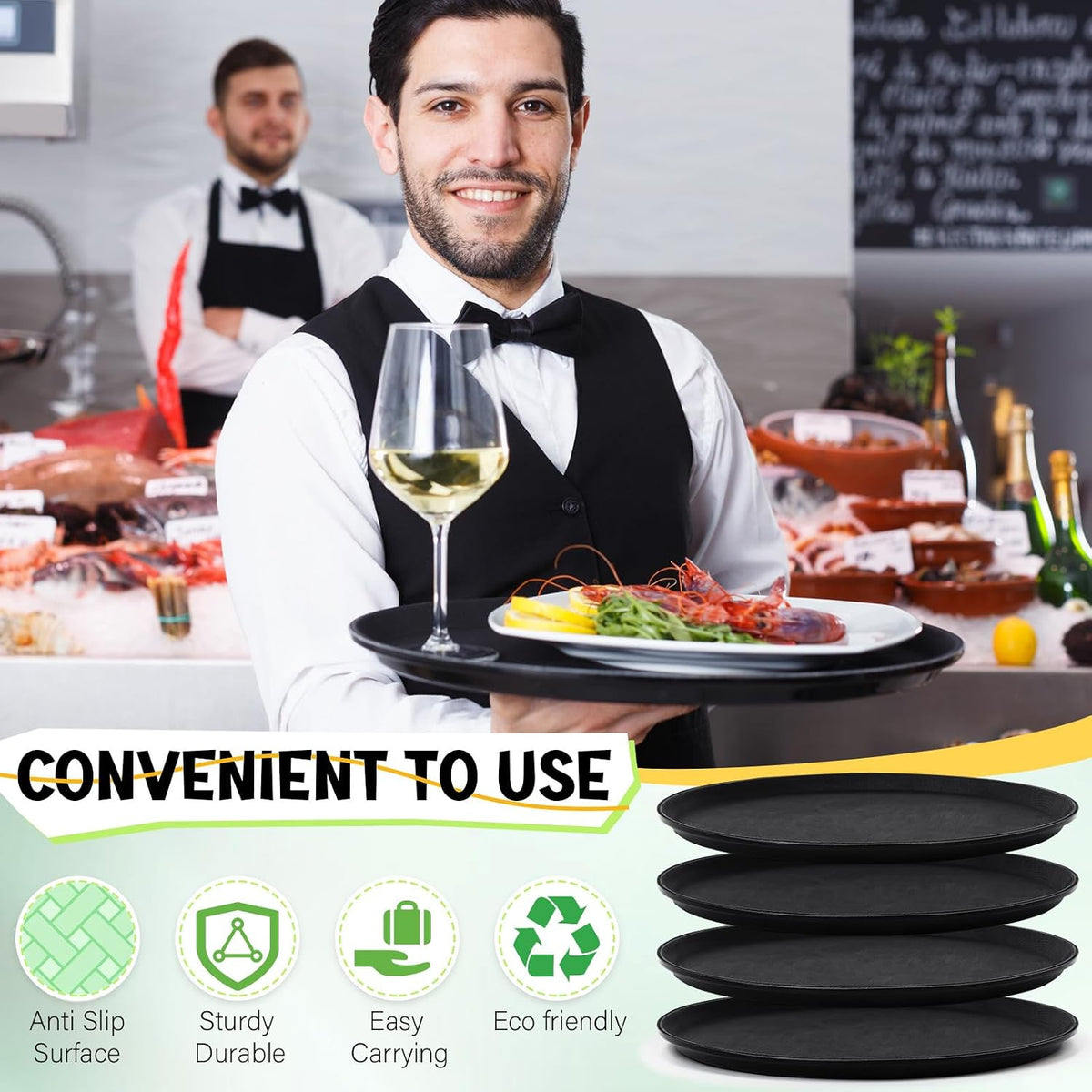 4 Pcs 16 Inch Black Round Serving Trays Plastic Non Slip