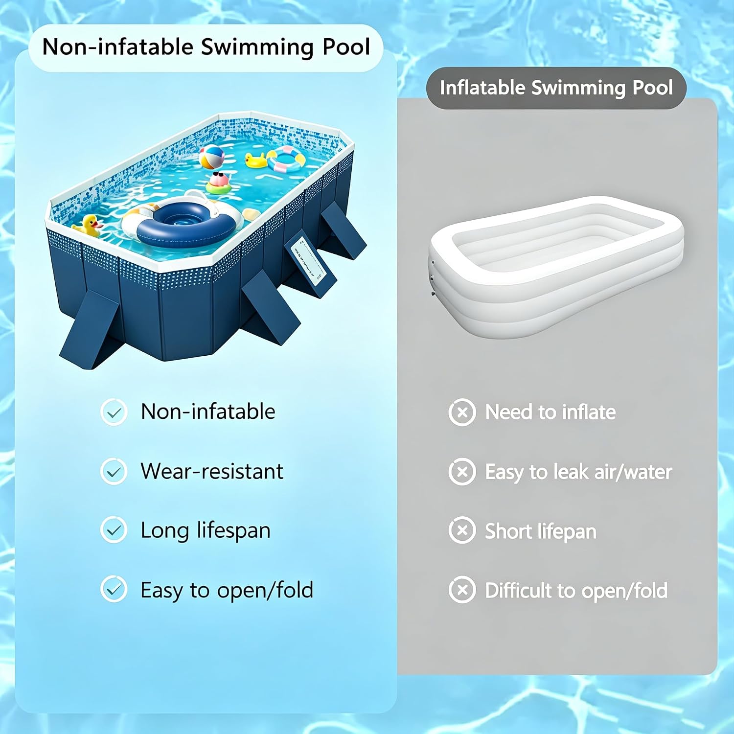 Foldable Swimming Pool, Rectangular Above Ground Swimming Pool for Outdoor Family Square Pool with Drain Plug and