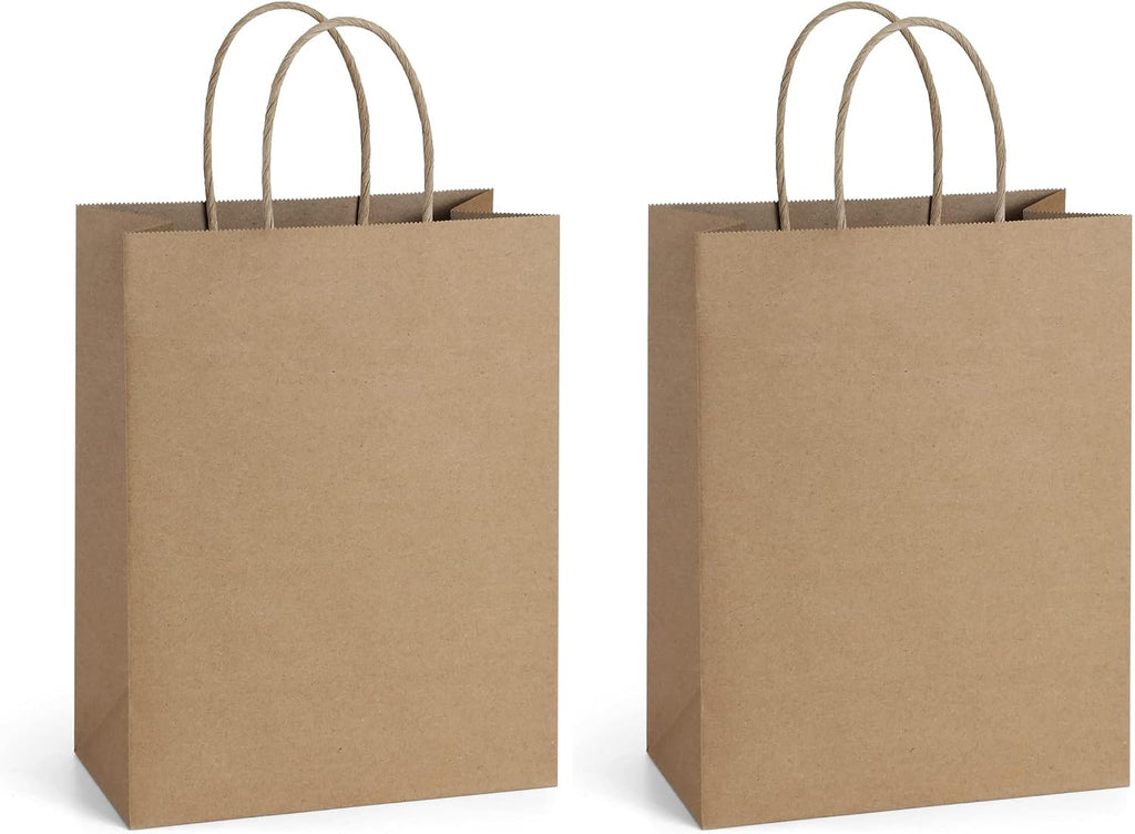 Gift Bags with Handles 8x4.25x10.5 Inch Brown 100 Pack Bulk
