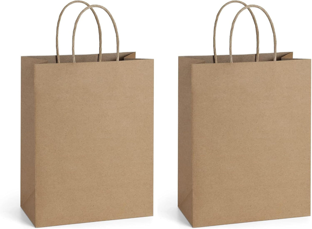 Gift Bags with Handles 8x4.25x10.5 Inch Brown 100 Pack Bulk
