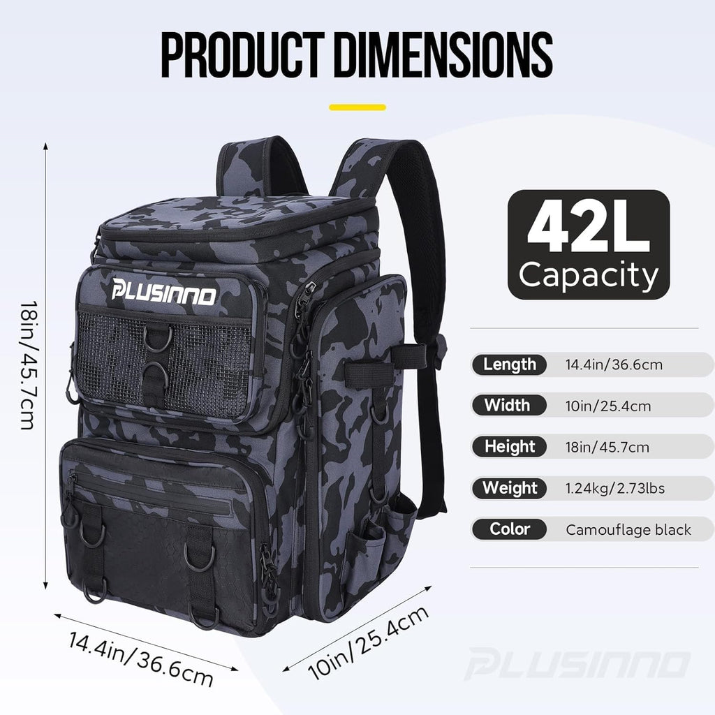 Fishing Backpack with Fishing Gear Fish Net & Rod Holders Tackle Box, 42L Large Water-resistant Tackle Bag Store
