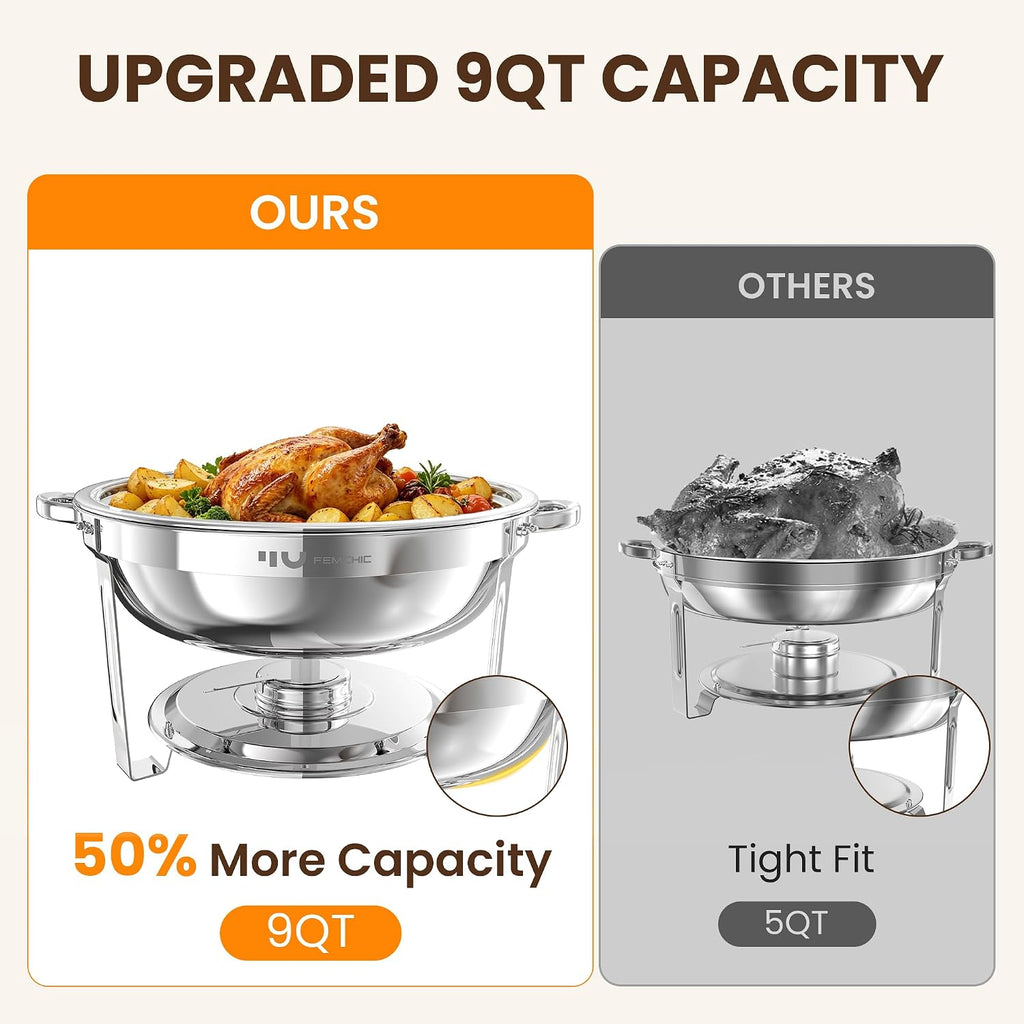 9QT Round Stainless Steel Chafing Dishes for Buffet, 4 Pack Chafers