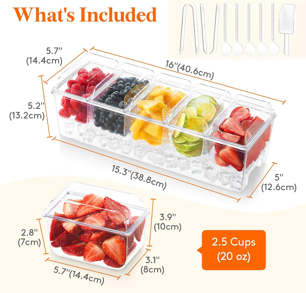 Chilled Condiment Caddy with Spoons, Tongs & Scoop, Garnish Tray