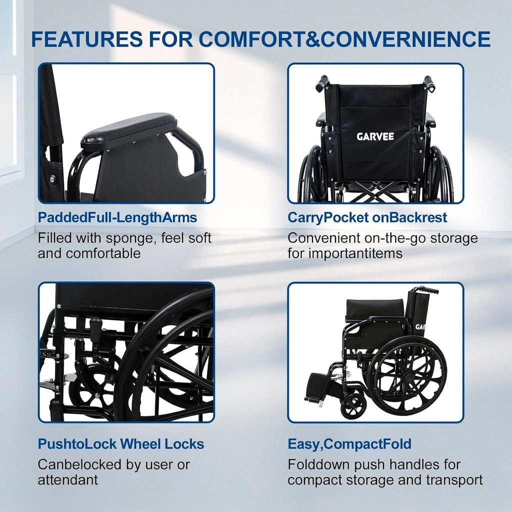 Wheelchairs for Adults Lightweight Foldable, 18" Seat Wheelchair, Flip-Up Arms & Removable Footrests, Portable