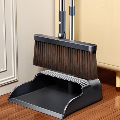 Broom and Dustpan Set, 51.6" Long Handle Broom with Dustpan Combo Set with Dustpan Teeth & Two Broom Heads, Brooms