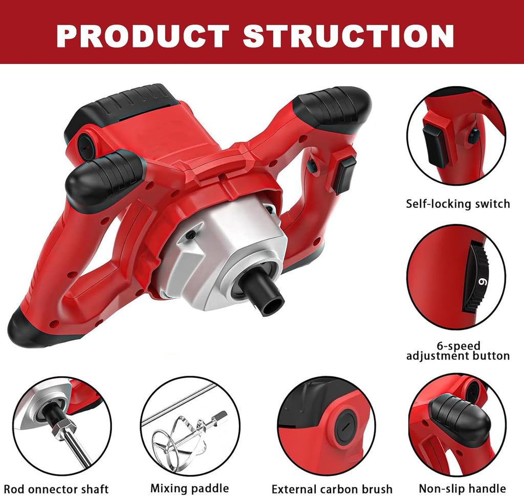 Cement Mixer 2100W, Handheld Electric Concrete Mixer, Portable Mortar Mixer with 6 Adjustable Speed, 110V Mud Mixer