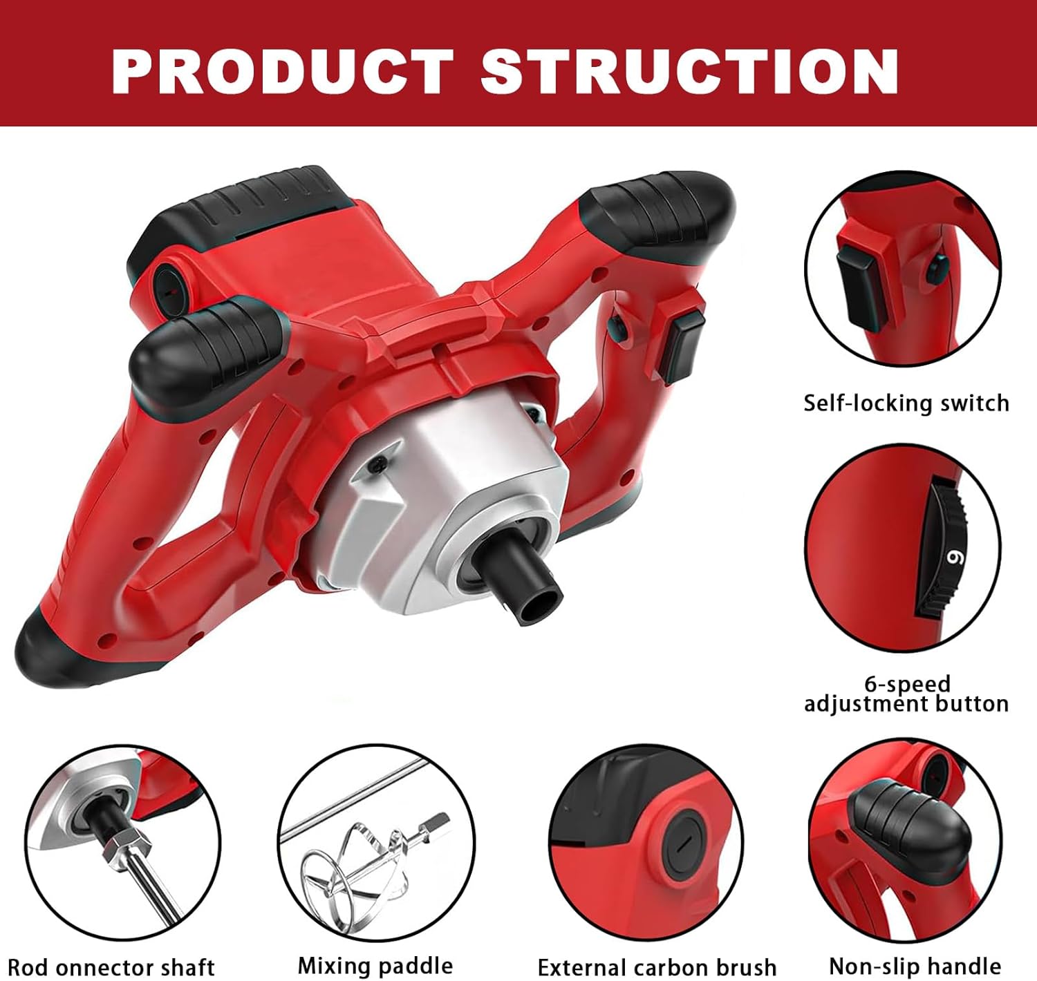 Cement Mixer 2100W, Handheld Electric Concrete Mixer, Portable Mortar Mixer with 6 Adjustable Speed, 110V Mud Mixer