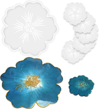 Silicone Resin Molds, 1PCS Large Resin Tray Mold and 5PCS Coaster Molds for Resin Casting, Flower Shape Epoxy Resins