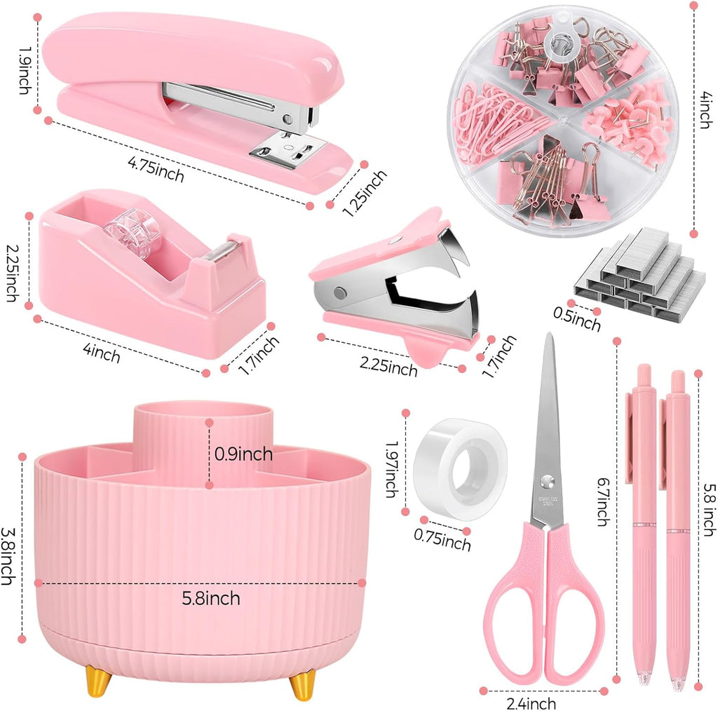 Pink Desk Accessories 10Pcs, Rotating Pen Holder for Desk, Stapler, Staple Remover, Tape Dispenser,2pcs Tape Refills