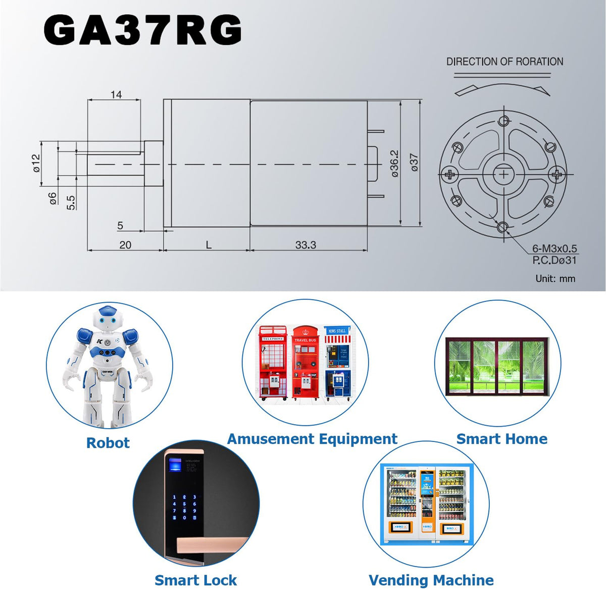 DC 24V 20RPM Gear Motor High Torque Electric Micro Speed Reduction Geared Motor Centric Output Shaft 37mm Diameter Gearbox