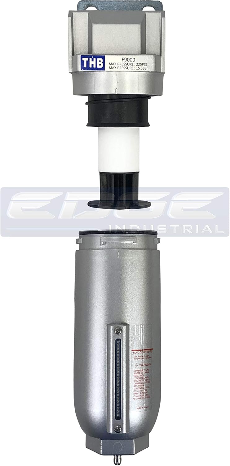 HEAVY DUTY INDUSTRIAL RATED HIGH FLOW PARTICULATE FILTER, IN-LINE WATER TRAP FOR COMPRESSED AIR LINE SYSTEMS, 5 MICRON WITH METAL BOWL (1/2" NPT, 11oz)