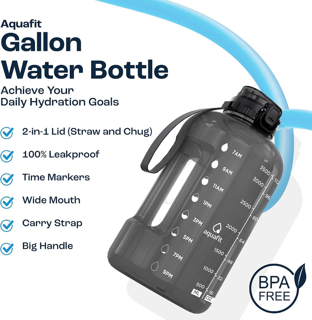 Gallon Water Bottle with Time Marker, 2in1 Lid | BPA Free 128 oz Water Bottle with 2in1 Straw and Chug Lid