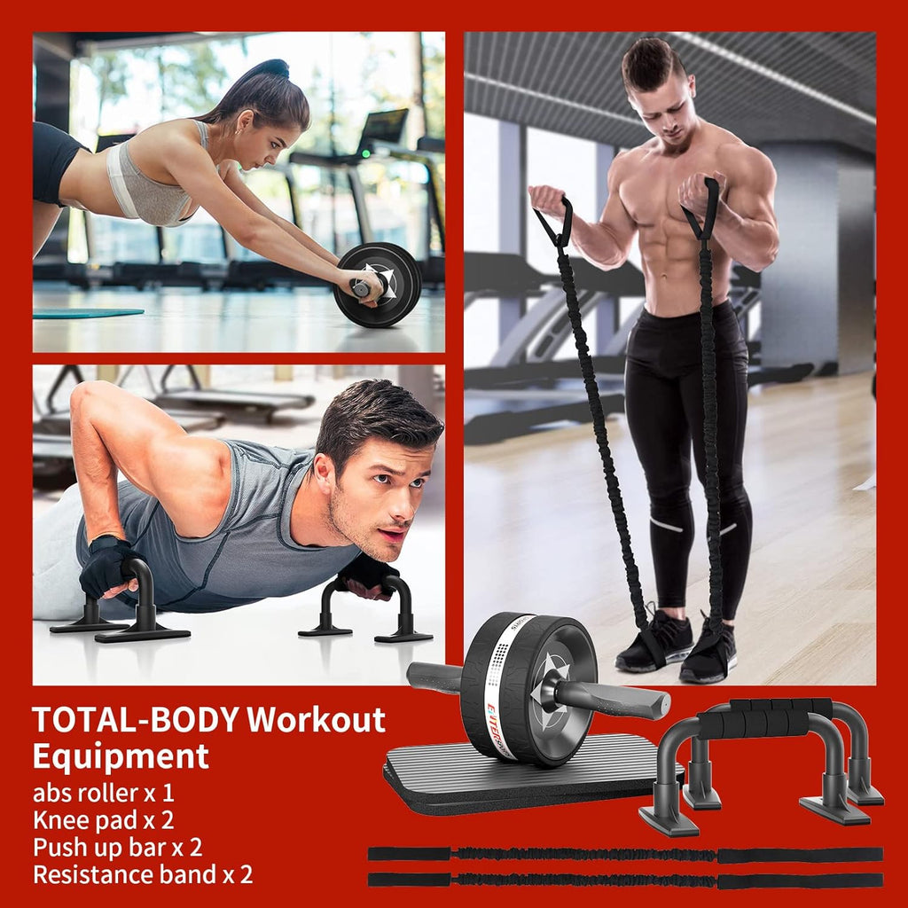 Ab Rollers Wheel Kit, Exercise Wheel Core Strength Training Abdominal Roller Set with Push Up Bars, Resistance Bands