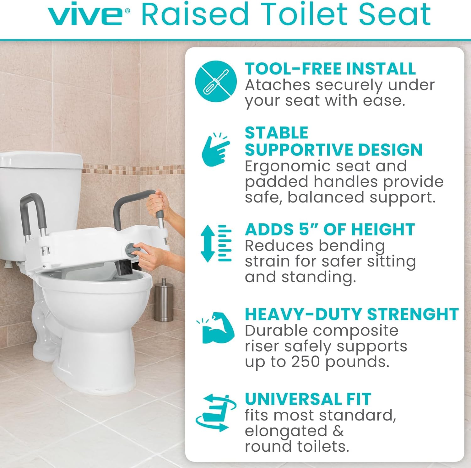 Raised Toilet Seat - 5" Portable, Elevated Toilet Seat Riser & Extender - Elongated and Standard Fit Commode Lifter